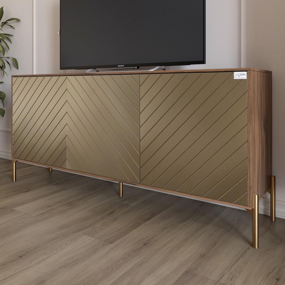 Тумба под телевизор Lion Амарант с золотыми металлическими ножками 168x40x76,5 см Дуб Леворно/Перламутровый металлик (000-000-2391)