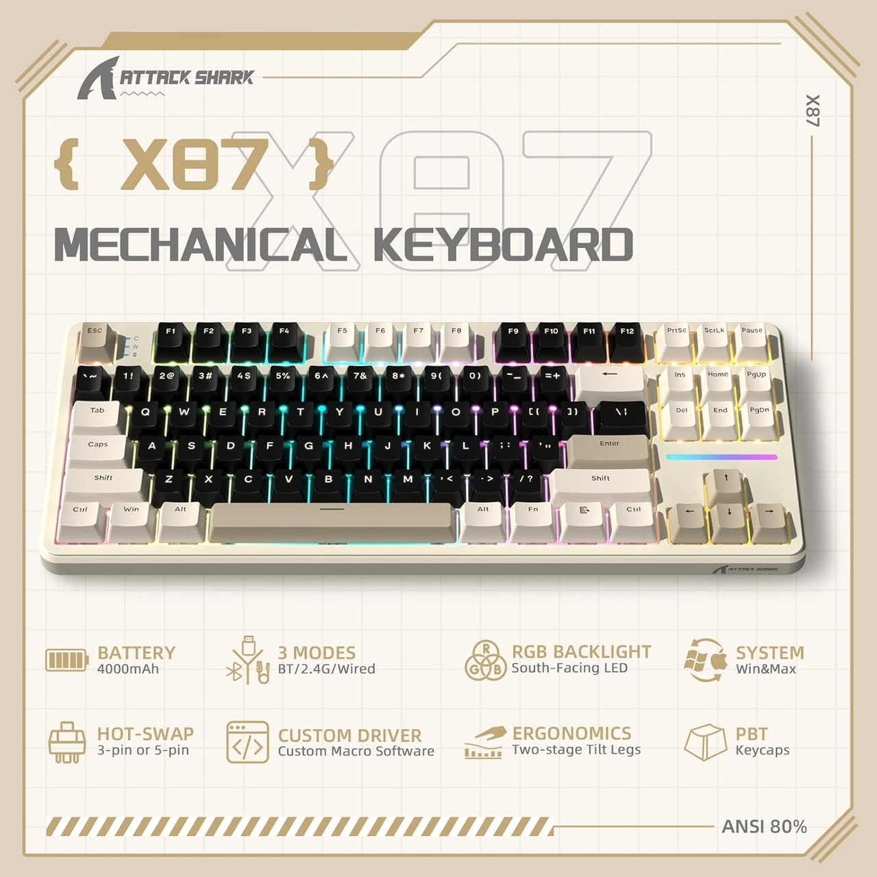 Клавиатура игровая attack shark X87 беспроводная механическая с RGB подсветкой с поддержкой HOT-SWAP - фото 2