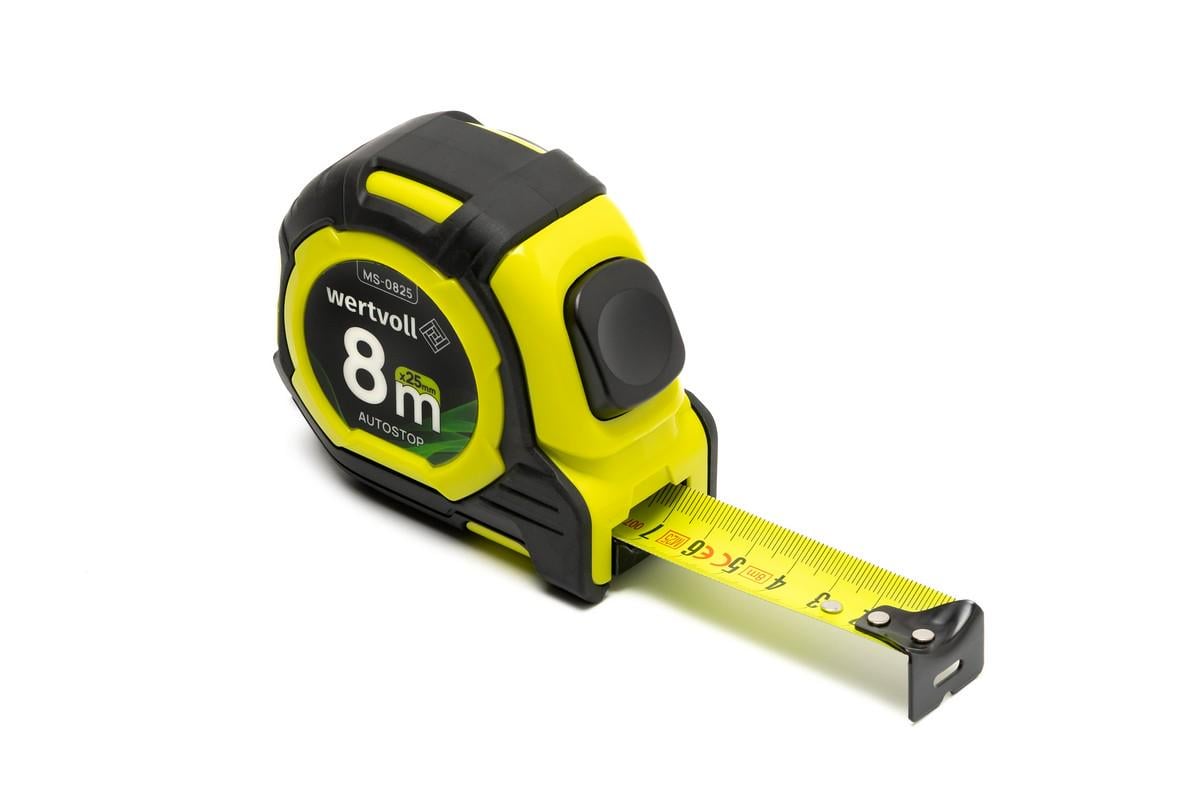 Рулетка WERTVOLL две кнопки AUTOSTOP покрытие TPR нейлоновое покрытие противоскользящий крючок 8 м х25 мм (MS-0825) Рулетка WERTVOLL две кнопки AUTOSTOP покрытие TPR нейлоновое покрытие противоскользящий крючок 8 м х25 мм (MS-0825)