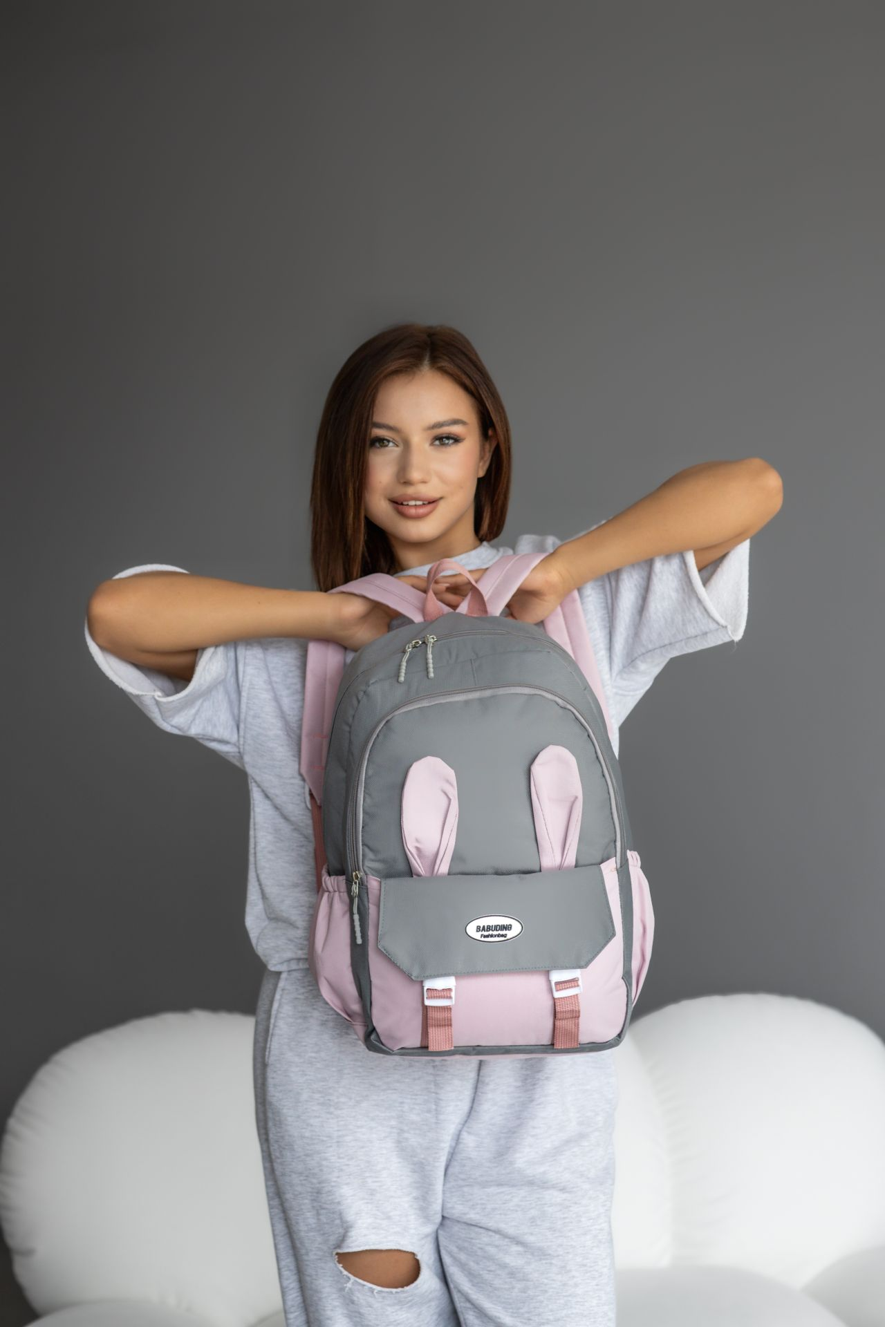 Школьный рюкзак для девочки Ушки 3в1 5-11 класс Серо-Розовый (27668039) - фото 7