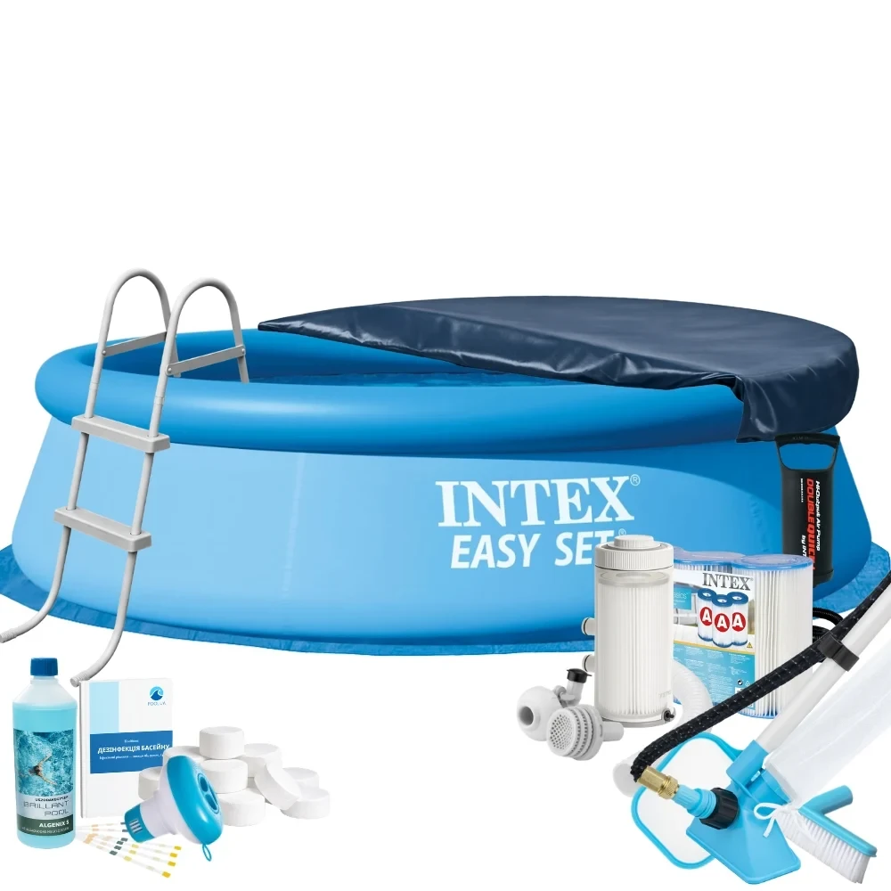 Бассейн надувной круглый Intex 28120-11в1 фильтр тент/подстилка/лестница 305х76 см Голубой (147-9-28120-11 MaxPro)