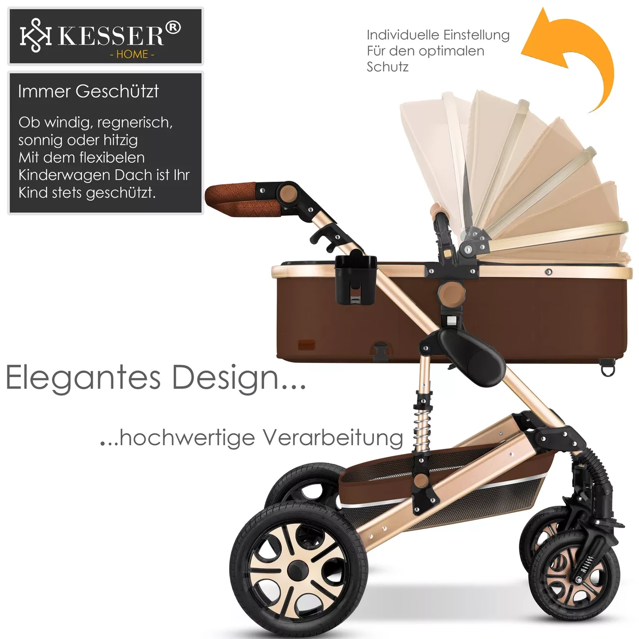 Коляска дитяча з автокріслом KESSER 3в1 94x64x119 см Коричневий/Золотистий - фото 6