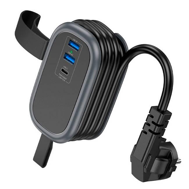 Фільтр мережевий Hoco NS6 на 1 розетку/2 USB/USB-C 30W 220В кабель 1,1 м Box Black (33060)