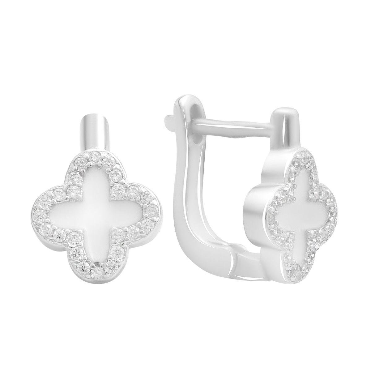 Сережки срібні у вигляді конюшини з білою емаллю та фіанітами