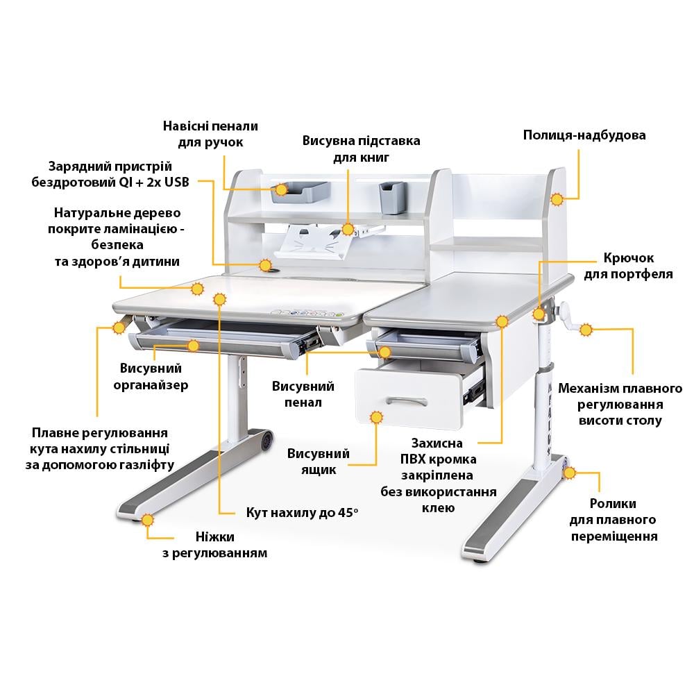 Парта трансформер школьная эргономичная Mealux Sherwood Energy Белый/Серый (BD-830 W/G Energy) - фото 13 Парта трансформер школьная эргономичная Mealux Sherwood Energy Белый/Серый (BD-830 W/G Energy) - фото 13