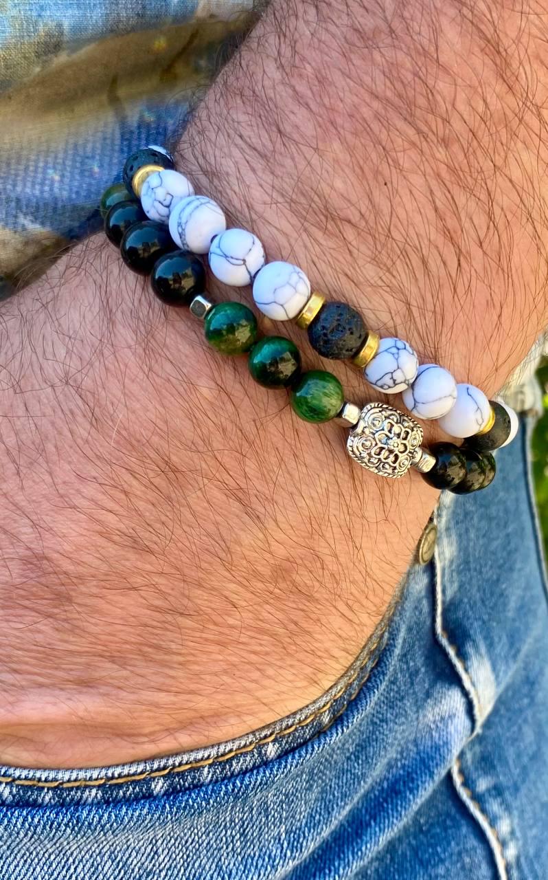 Набор браслетов LITAURS из натурального камня говлит/тигровый глаз/оникс/лава и металлическими вставками L 18-21 см 2 шт. (240715-1) - фото 2 Набор браслетов LITAURS из натурального камня говлит/тигровый глаз/оникс/лава и металлическими вставками L 18-21 см 2 шт. (240715-1) - фото 2