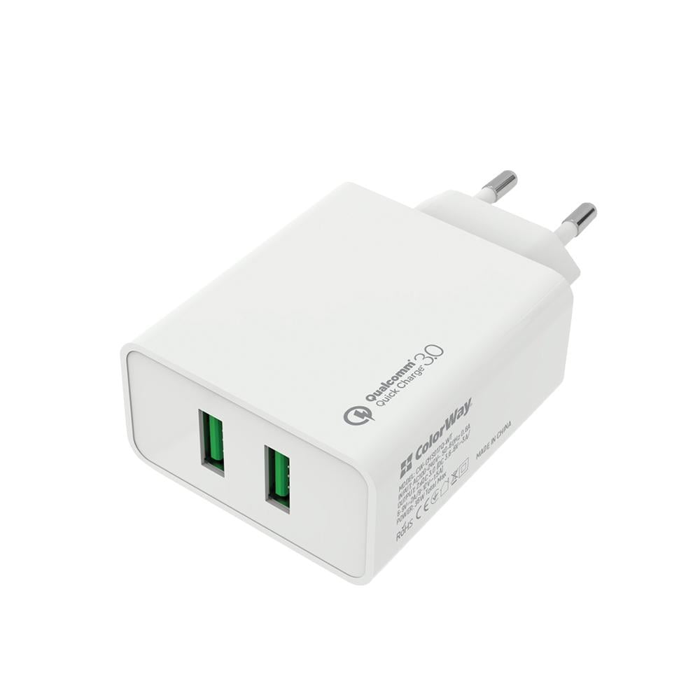 Зарядное устройство сетевое ColorWay 2 USB Quick Charge 3,0 36 Вт CW-CHS017Q-WT Білий (49014)