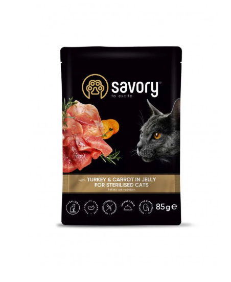 Корм вологий для стерилізованих кішок Savory Sterilised з індичкою та морквою шматочки в желе 85 г 22 шт.