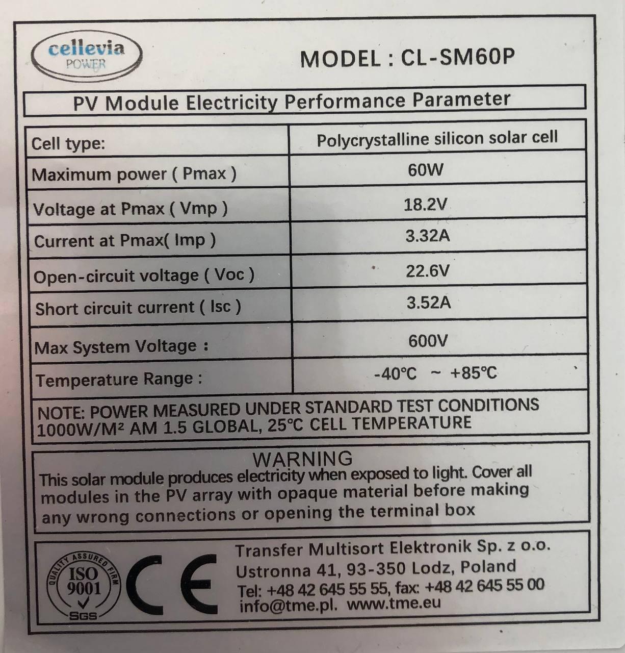 Солнечная батарея CELLEVIA POWER 60 W 18 V (CL-SM60P) - фото 2