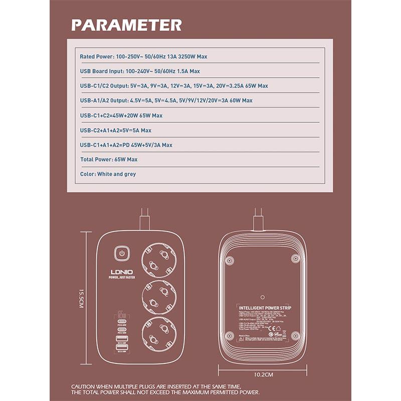 Подовжувач мережний Ldnio SE3436 3 Sockets USB Type-C 65W White (595299) - фото 8