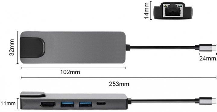 USB-хаб концентратор RJ45+HDMI+2xUSB 3.0 Xo 5в1 Type-C металлический (c025cb51) - фото 2