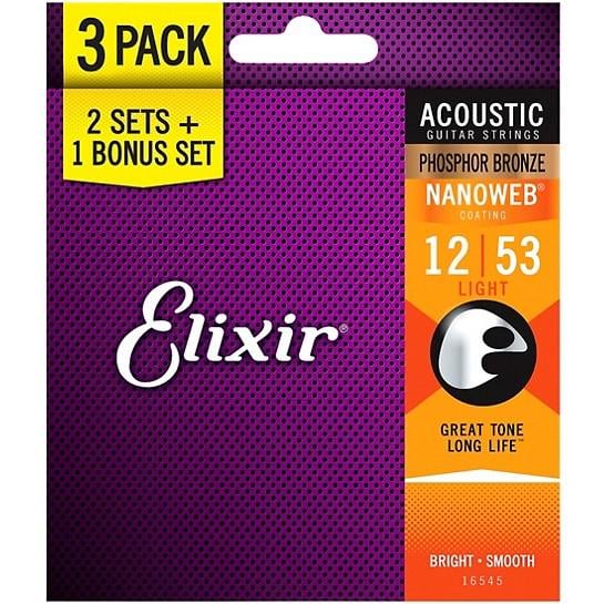 Струны Elixir 16545 NANOWEB Phosphor Bronze 12-53 Light Bonus pack (3 pack)