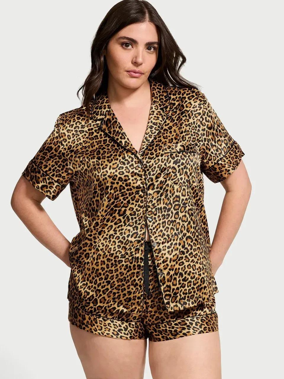Піжама сатинова сорочка/шорти Victoria's Secret Glazed Satin Short Pajama Set L Леопардовий (2681275D)
