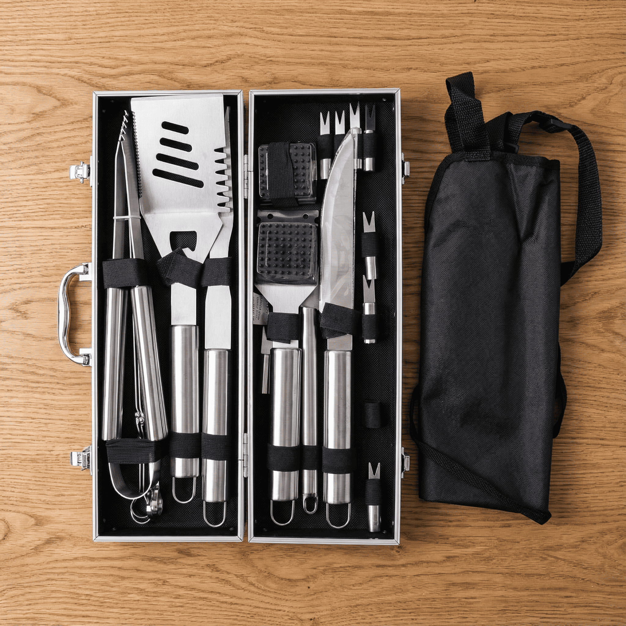 Набор аксессуаров для барбекю/мангала щипцы/лопатка/шампуры 19 предметов 42х14х7,5 см в кейсе Серебристый (HP-21-3)