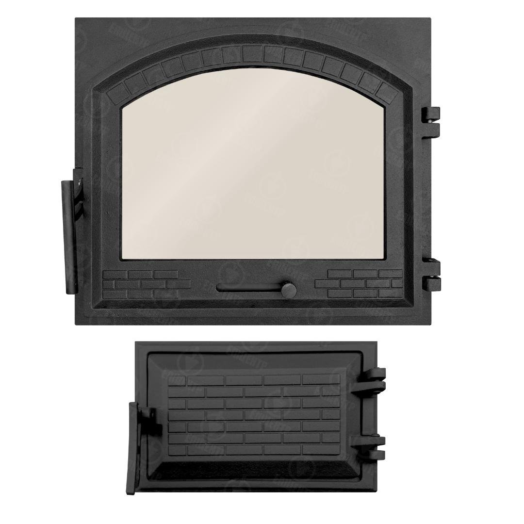 Комплект чавунних дверцят замковий з регулятором тяги з вогнетривким склом XL 490x420 мм/піддувальний замковий 265x165 мм - фото 2 Комплект чавунних дверцят замковий з регулятором тяги з вогнетривким склом XL 490x420 мм/піддувальний замковий 265x165 мм - фото 2