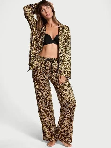 Піжама сатинова сорочка/штани Victoria's Secret Glazed Satin Long Pajama Set L Regular Леопардовий (2681212D)