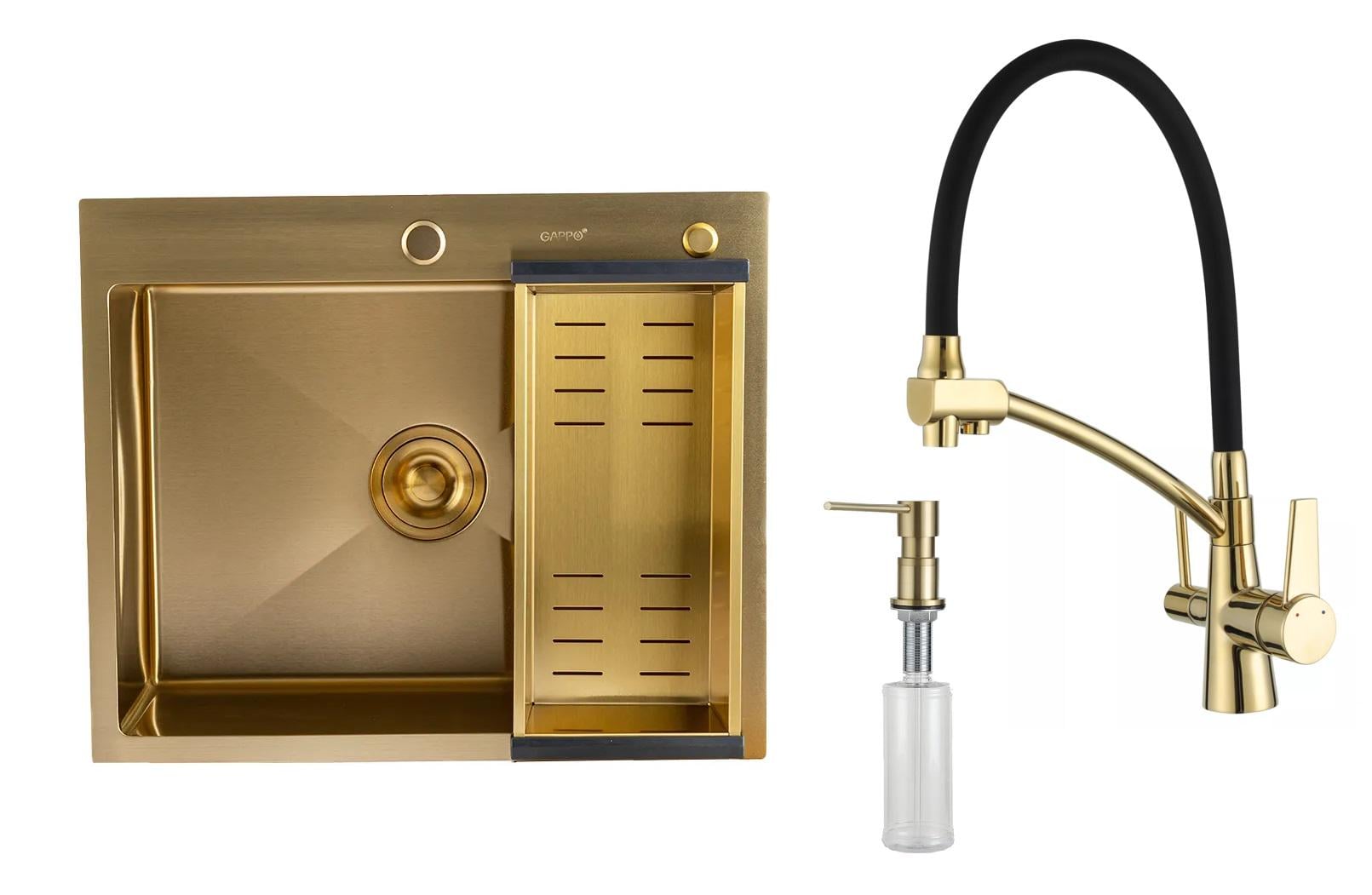 Кухонная мойка Gappo 60/50 из нержавеющей стали со смесителем с подключением к фильтру дозатором и корзиной Золотой (601046765)