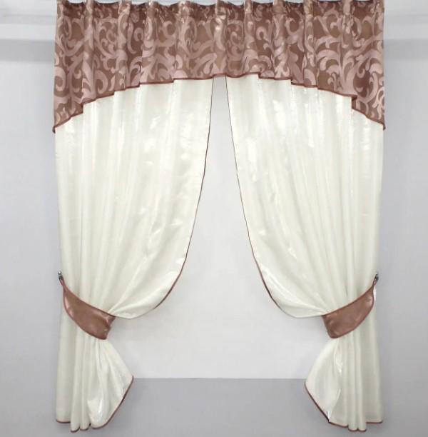 Занавеска кухонная с ламбрекеном/подвязками 270х170 см Молочный/Пудровый (073к) Занавеска кухонная с ламбрекеном/подвязками 270х170 см Молочный/Пудровый (073к)