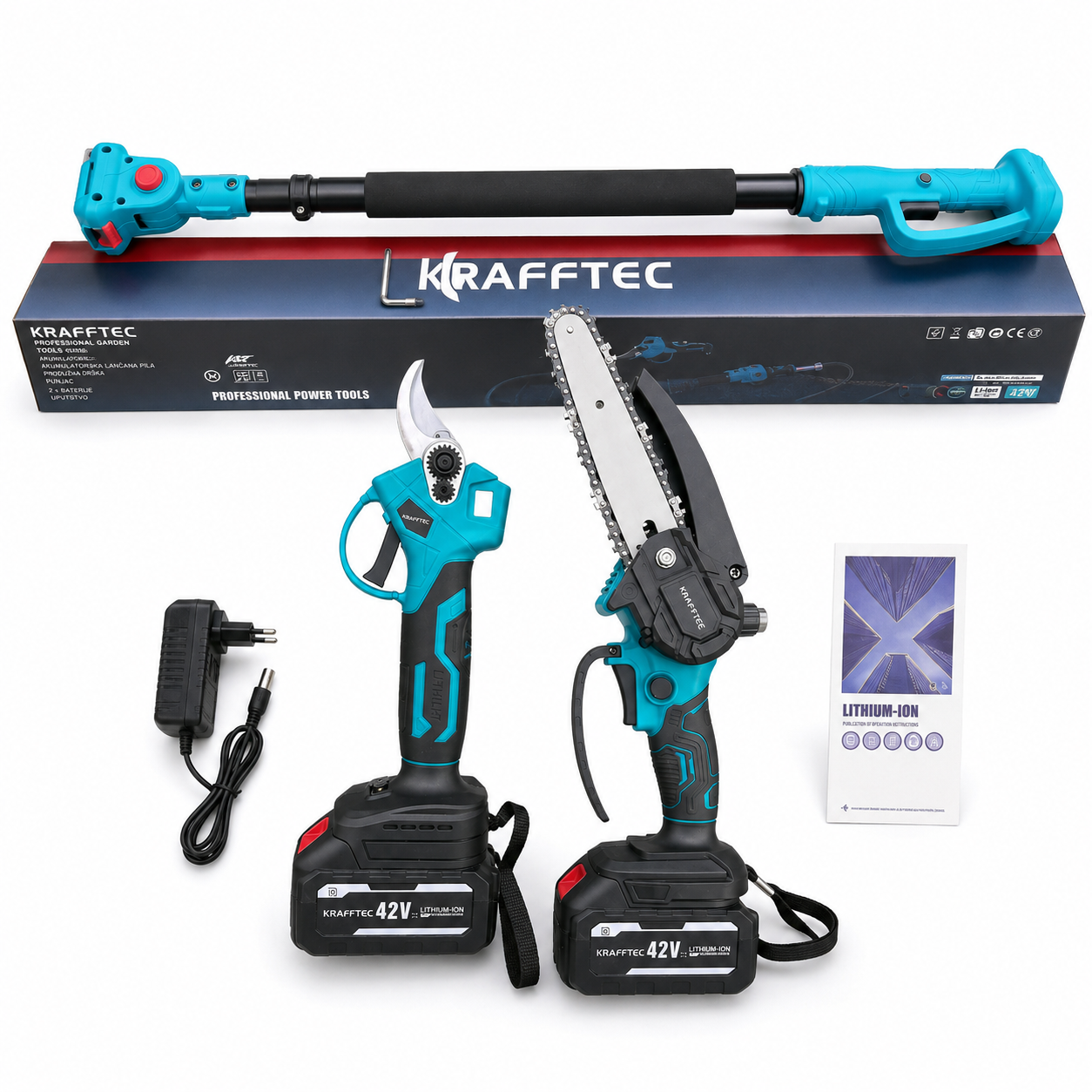 Набор аккумуляторного инструмента Krafftec 3в1 42 В 6 Аг с секатором DUP570 пилой DUC170Z и телескопической штангой 2,7 м (4567)