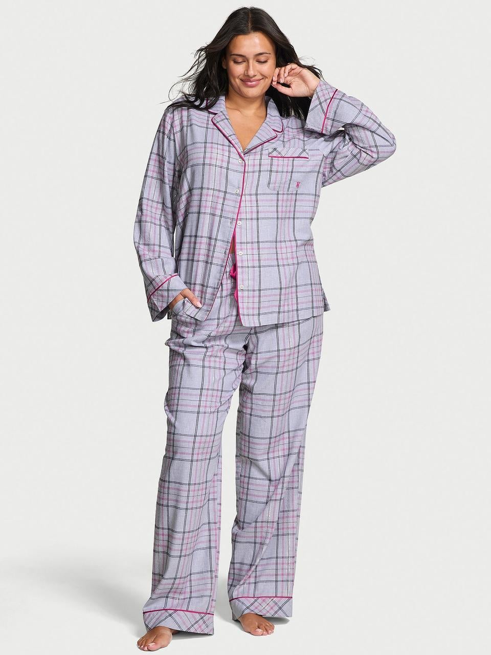 Пижама женская Victoria's Secret Flannel Long Pajama Set M Серый (28514799579353)