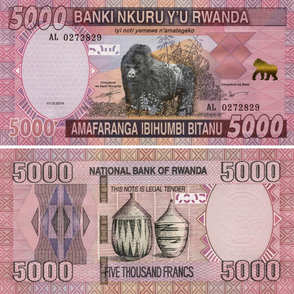 Коллекционная банкнота Руанда 5000 франков 2014 UNC Обезьяна-Горилла P41 (Б10375)