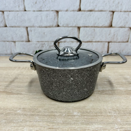 Кастрюля маленькая OMS алюминиевая с крышкой с антипригарным покрытием 1,4 л Серый