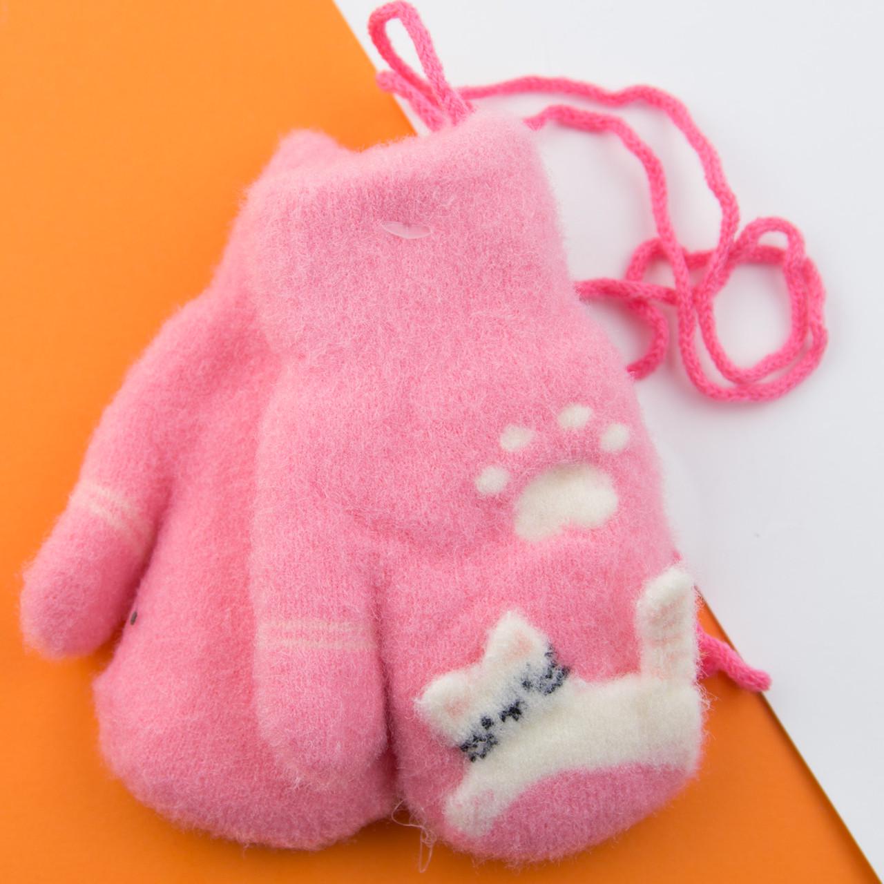 Детские варежки зимние с мехом 2-3 года на веревочке 22-7-39 Розовый (DR009997)