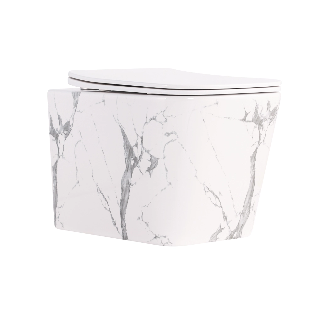 Унітаз підвісний безобідковий Qtap Tern Ultra Quiet Marble Торнадо з сидінням та мікроліфтом Білий мармур (QT17332303ASMR)