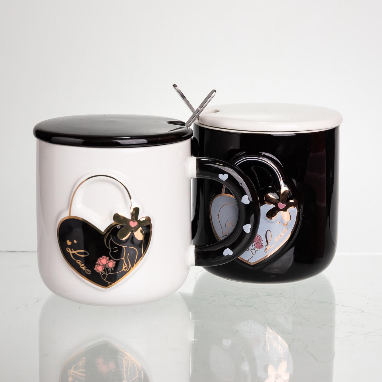 Набор фарфоровых чашек с сердцем с крышкой и ложкой 2 шт. по 400 мл Черный с белым (FM-33) - фото 4