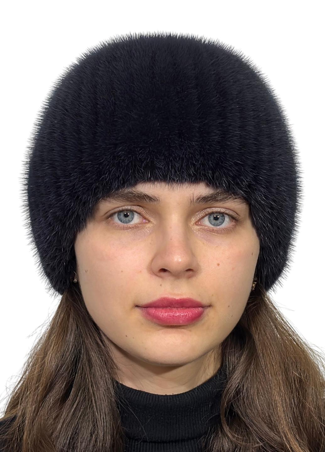 Зимняя шапка из вязаной норки Меховой стиль Листок натуральный мех XL-XXL Баклажан (111/Н)