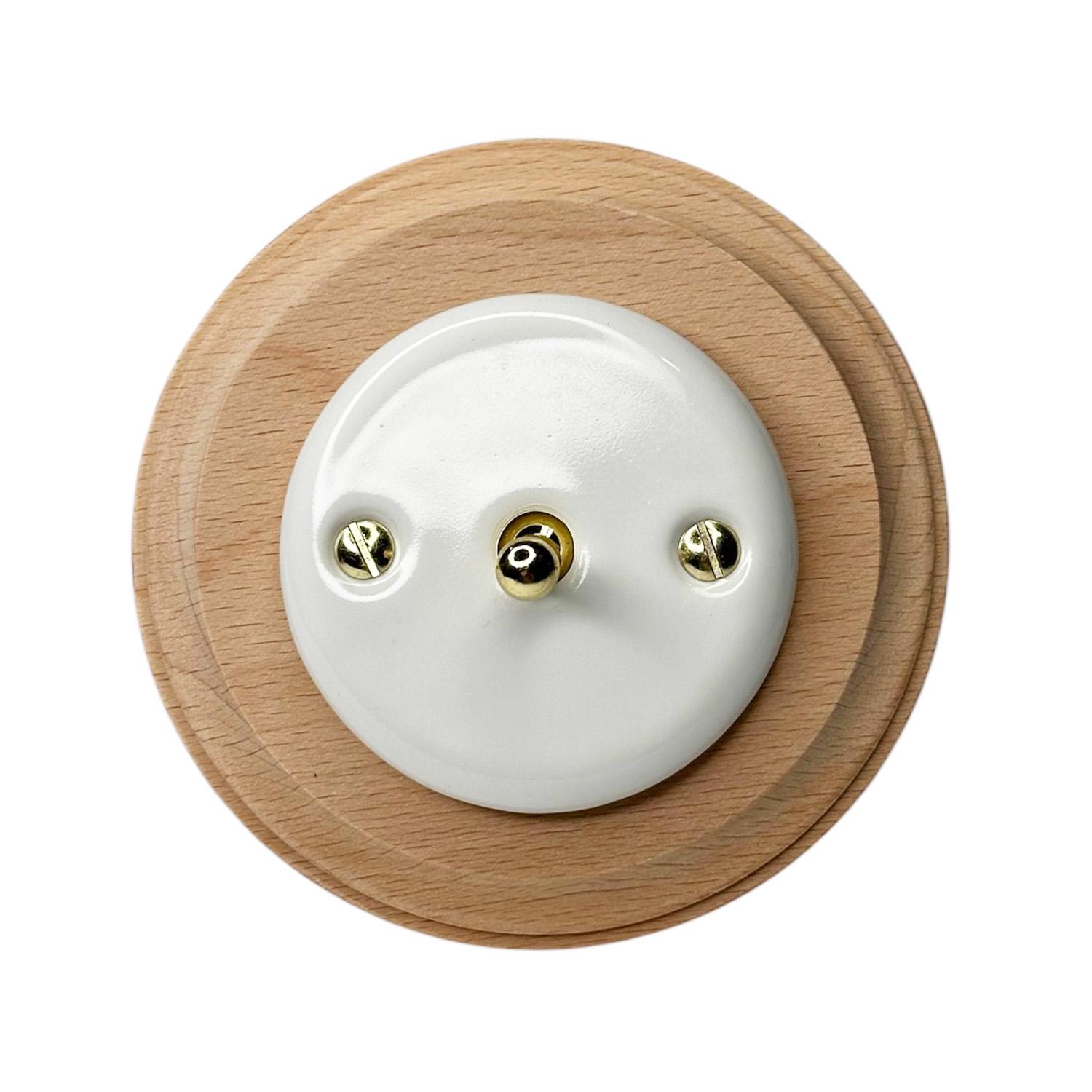 Ретро выключатель керамический тумблерный белый 1-клавишный скрытого монтажа с деревянной рамкой Ретро выключатель керамический тумблерный белый 1-клавишный скрытого монтажа с деревянной рамкой