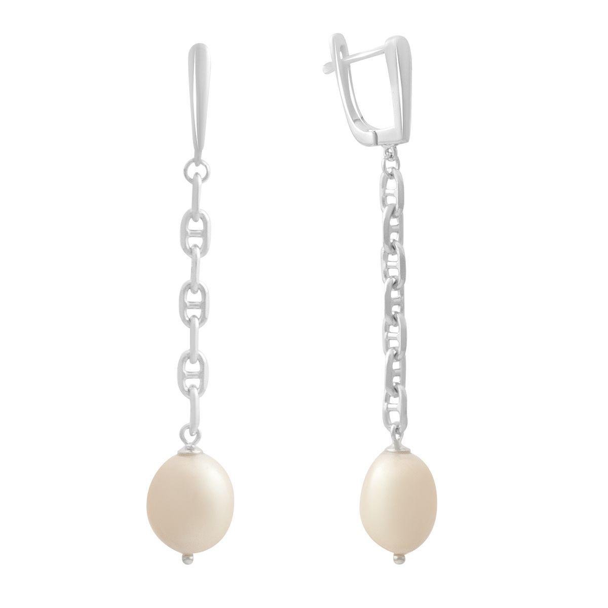 Серебряные серьги-цепочки с натуральным жемчугом