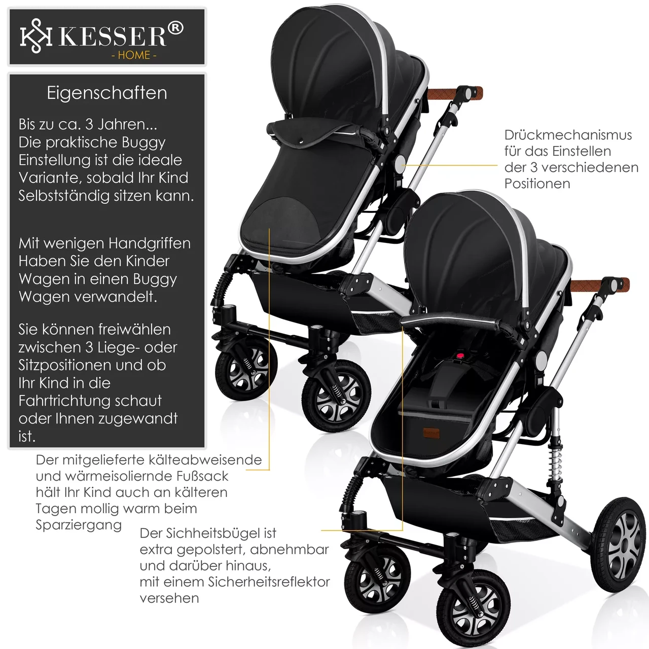 Коляска дитяча з автокріслом KESSER 3в1 94x64x119 см Темно-сірий/Срібний - фото 4