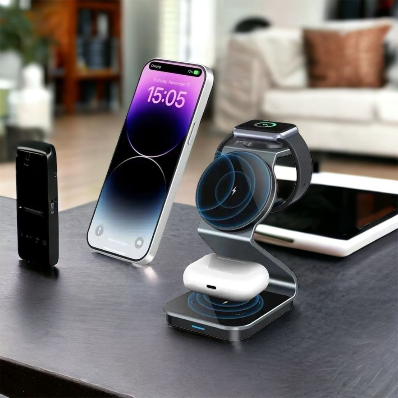 Зарядний пристрій бездротовий OJD-105 магнітна QI-зарядна станція для мобільного телефону/навушників/годинника 15 Вт 3в1 (X001TTASWT) - фото 2