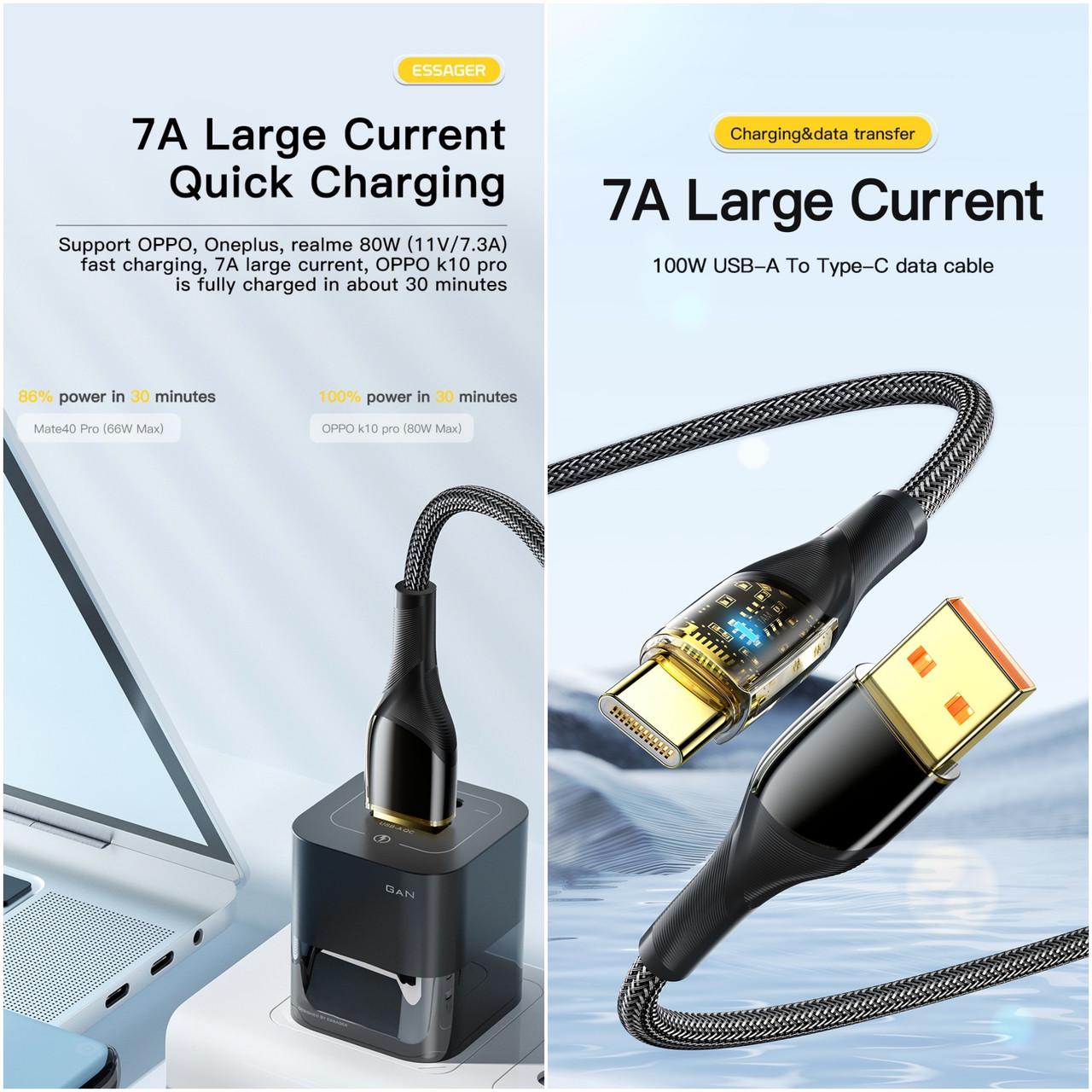 Кабель Essager USB to Type-C PD/QC 100W 7A Black Transparent 1 м Black (25397394) - фото 4 Кабель Essager USB to Type-C PD/QC 100W 7A Black Transparent 1 м Black (25397394) - фото 4