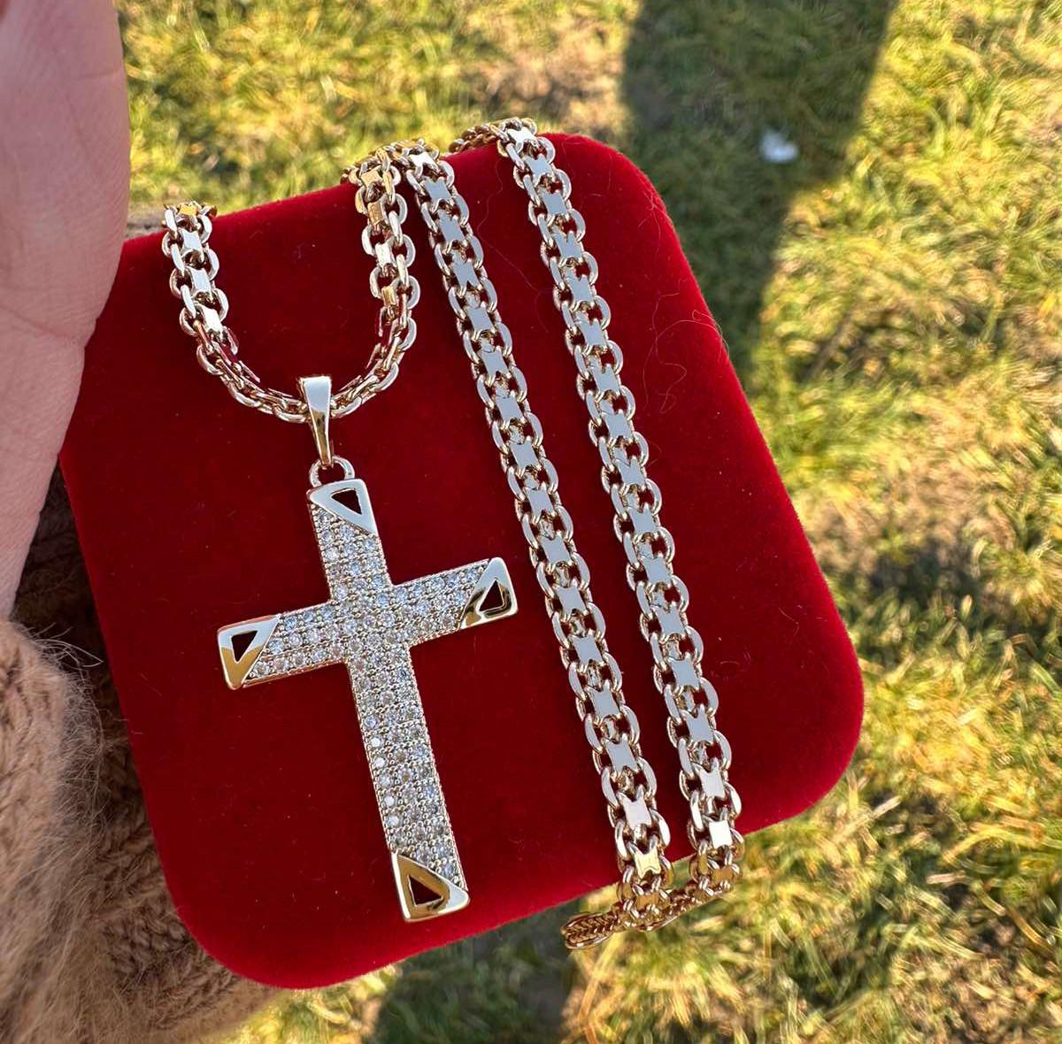 Набор украшений Xuping цепочка плетение бисмарк 45/50/60 см 4 мм/крестик с камнями 3 см 18к 585п Золотой (82-062)