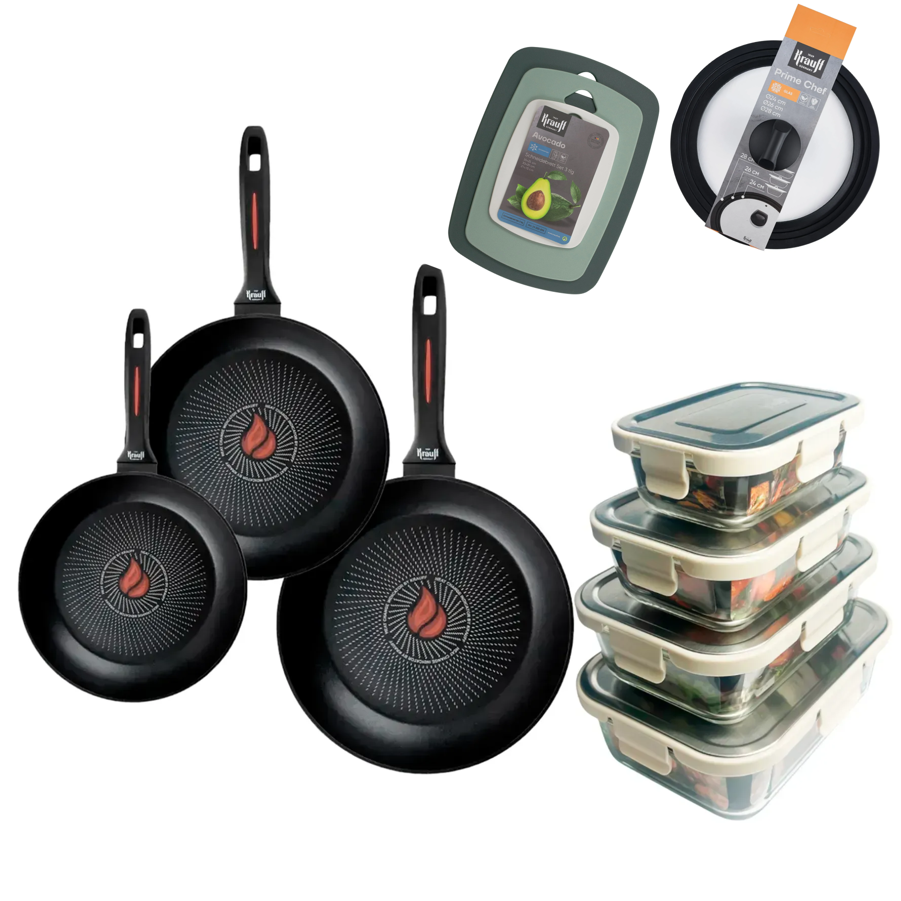 Набор сковородок Krauff Smart Fry с универсальной крышкой/стеклянными контейнерами та кухонными принадлежностями (55-333-661)