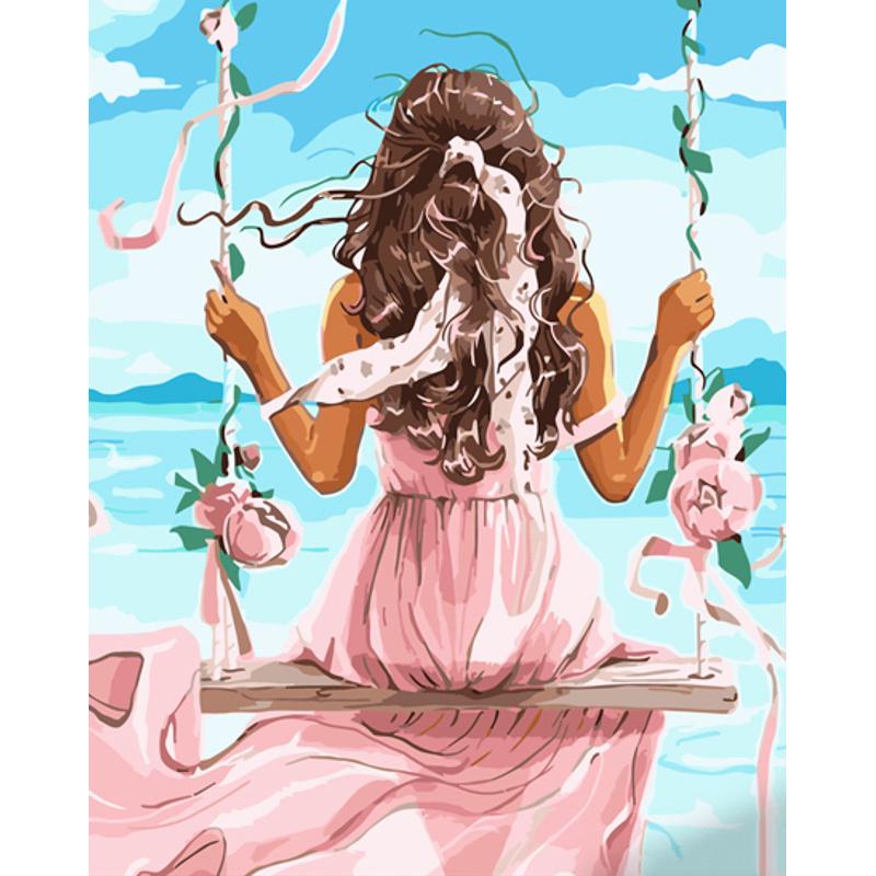 Картина по номерам Strateg Премиум На качелях в розовом с лаком 40х50 см (GS1277)
