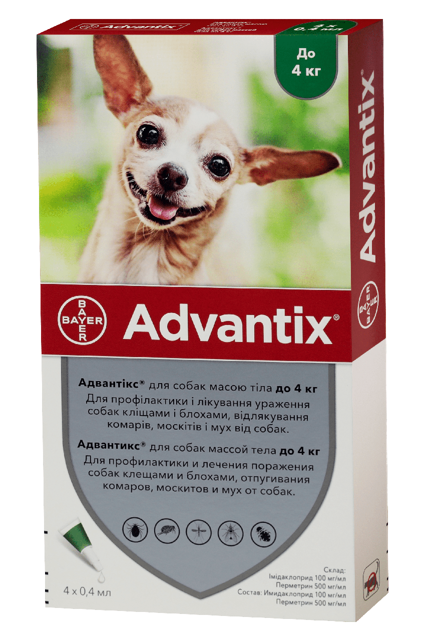 Капли от блох клещей и глистов для щенков и собак Bayer Advantix для веса до 4 кг (37286) - фото 2