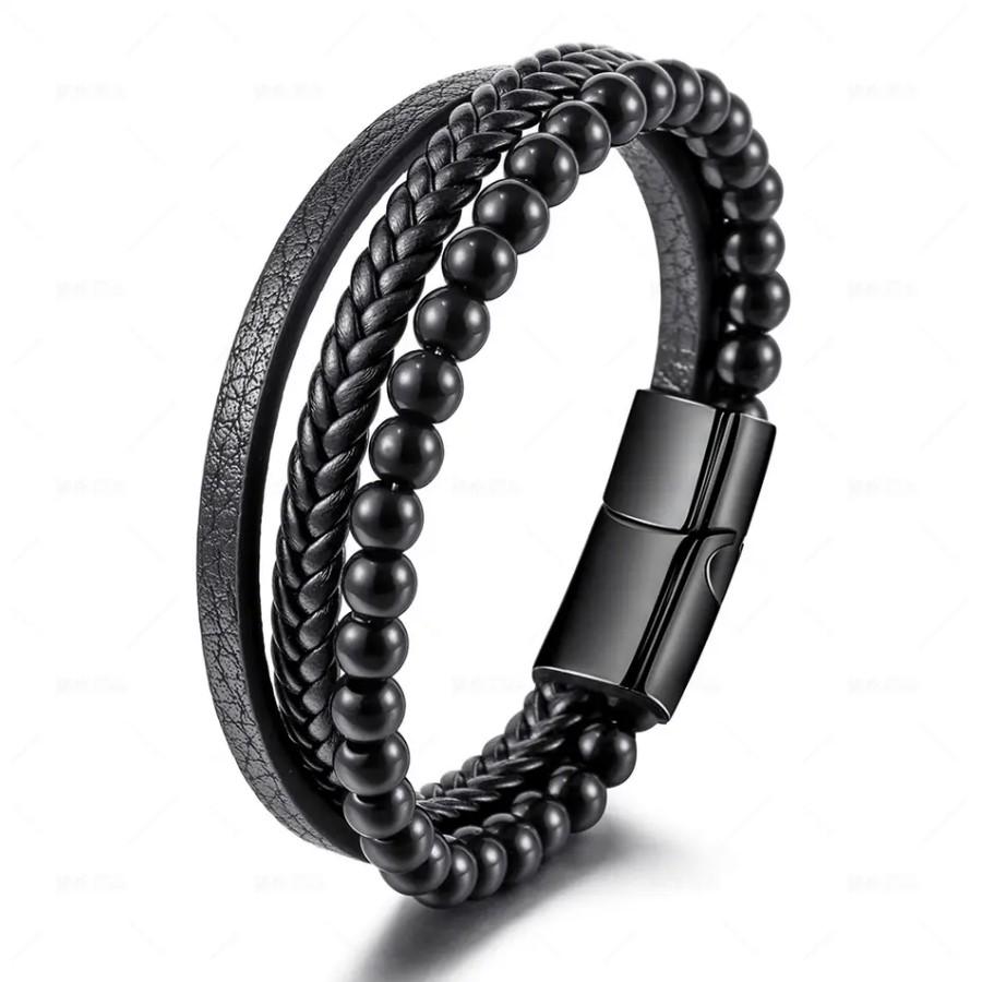 Браслет мужской кожаный Energy Bead с натуральным камнем р. 21 Черный