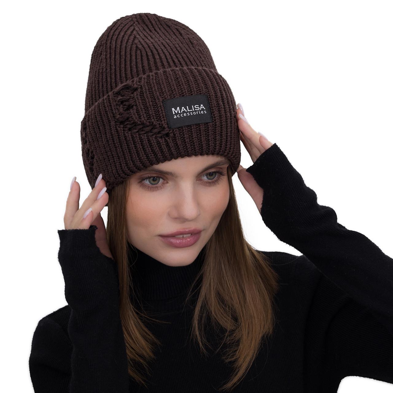 Шапка жіноча Malisa БРУНО без підкладки рвана з емблемою на відвороті one size Шоколадний (262093) - фото 2