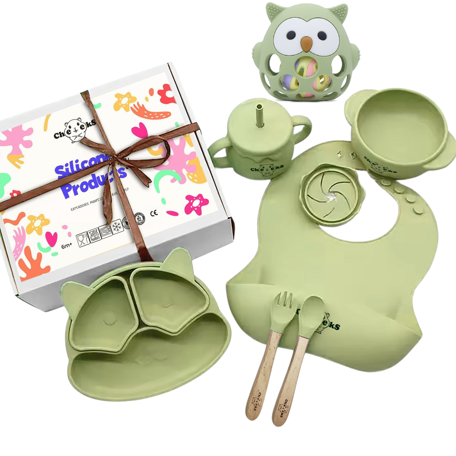 Набір дитячого посуду Cheeks з гризунком прорізувачем-брязкальцем Оливковий (28272265)
