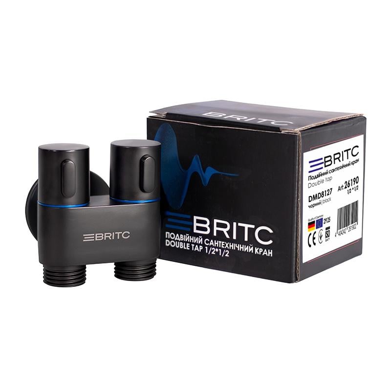 Кран двойной угловой сантехнический приборный Britc DMD 1/2”х1/2” Черный
