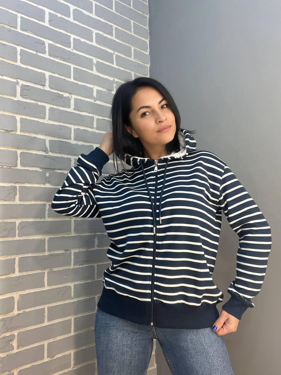 Толстовка жіноча PEPPER MINT 24-01 в смужку на блискавці з капюшоном OS Темно-синій (1375) - фото 8