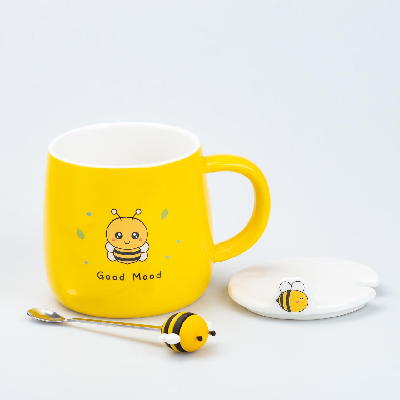 Чашка керамічна Bee good mood з кришкою та ложкою 450 мл (HP7199) - фото 2