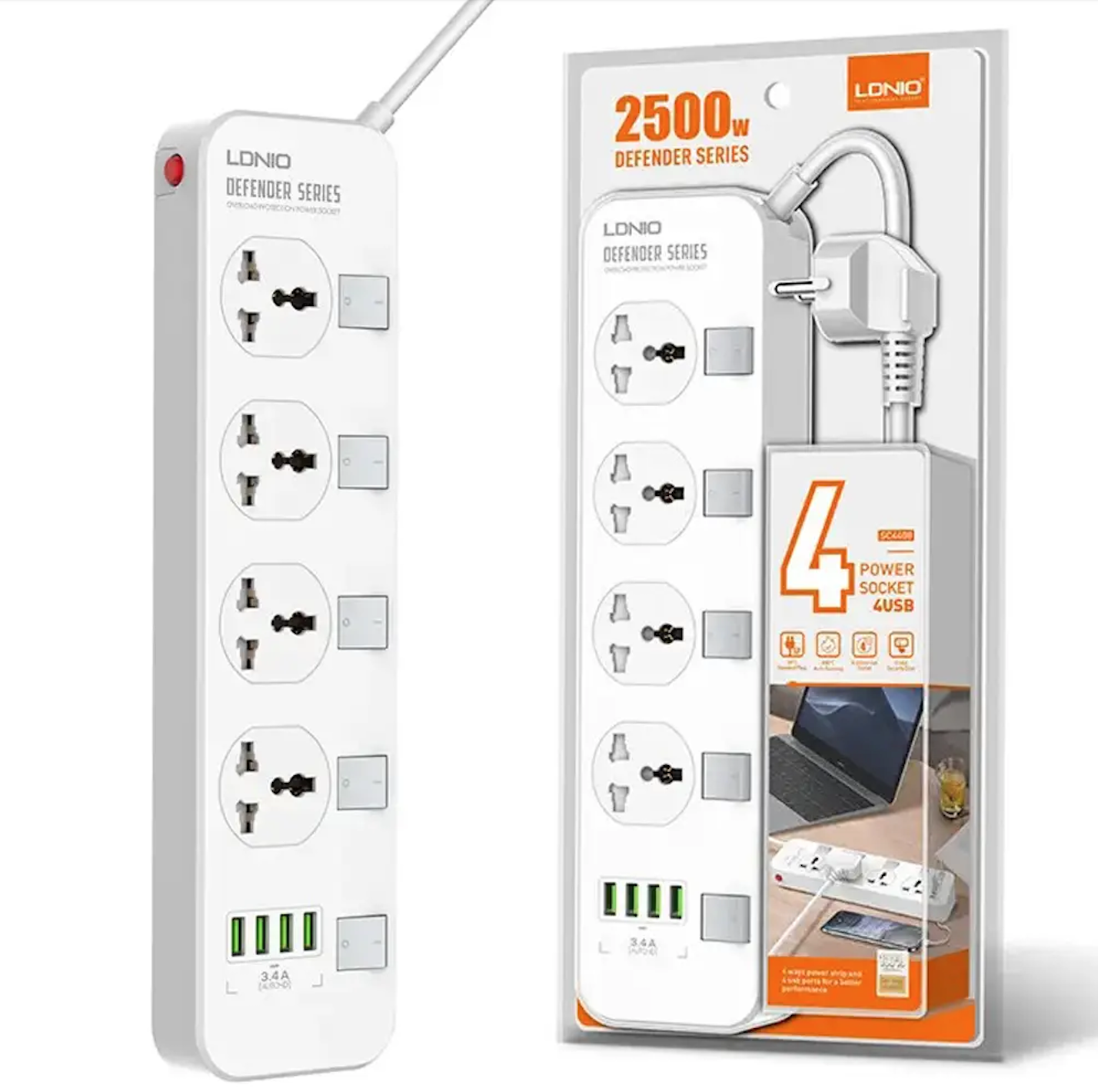 Мережевий фільтр-подовжувач LDNIO SE4408 4 універсальні розетки 4 USB 2500W євро вилка 2 м Білий - фото 5