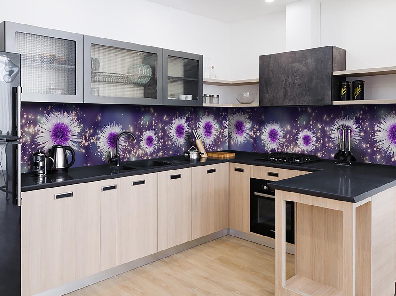 Кухонный фартук Блестящие астры сияние из самоклеющейся виниловой пленки 65х250 см Фиолетовый