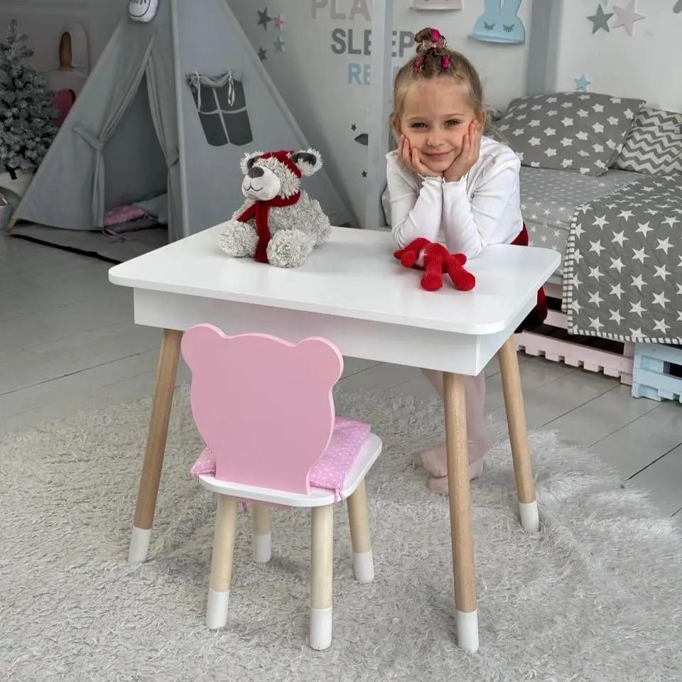 Детский столик и стульчик мишка с нишей для карандашей и раскрасок Белый/Розовый Детский столик и стульчик мишка с нишей для карандашей и раскрасок Белый/Розовый