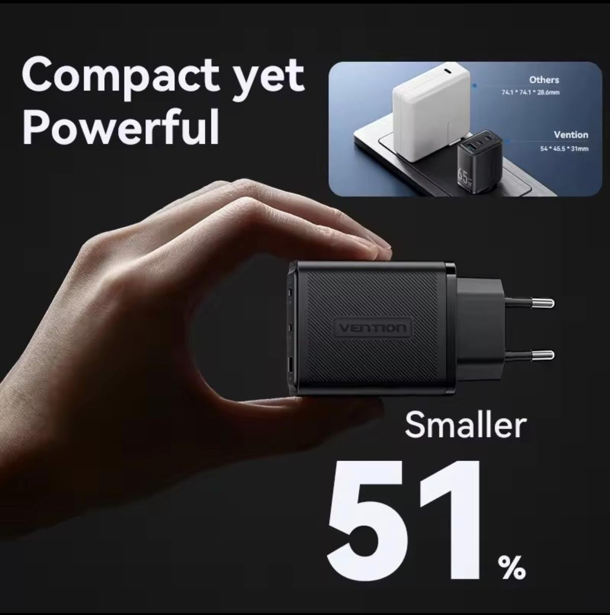 Зарядное устройство сетевое Vention GaN III PD 65W 2xType-C/1xUSB (30633832) - фото 6