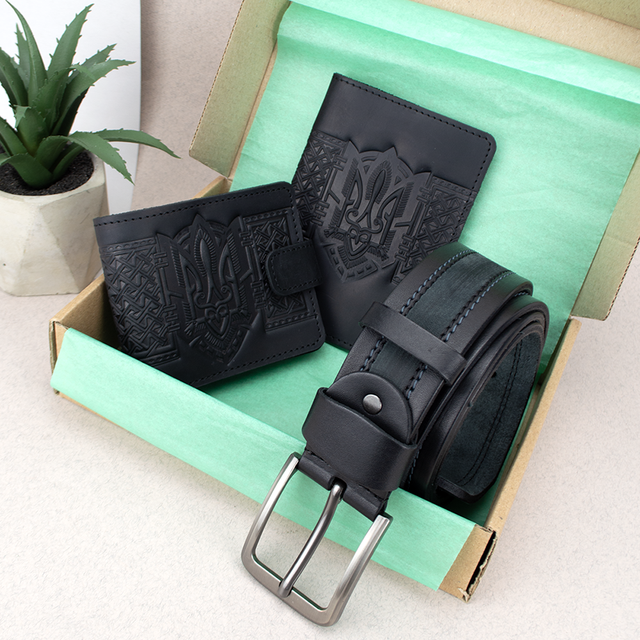 Подарочный набор мужской №86 портмоне/ремень/обложка на паспорт Черный (2104710803)